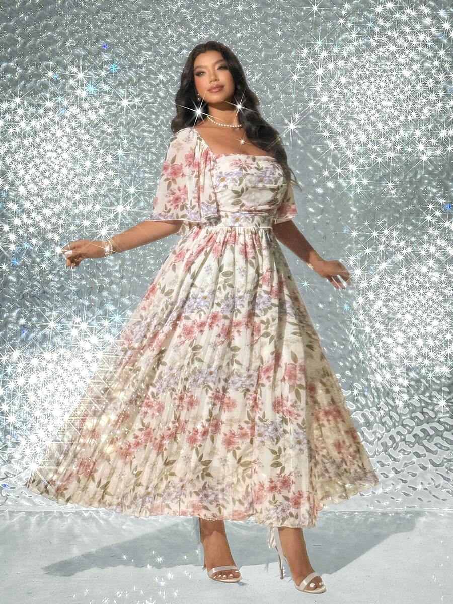 SHEIN Viva Relle فستان للمقاسات الكبيرة بطبعة زهور أنيقة بظهر مكشوف