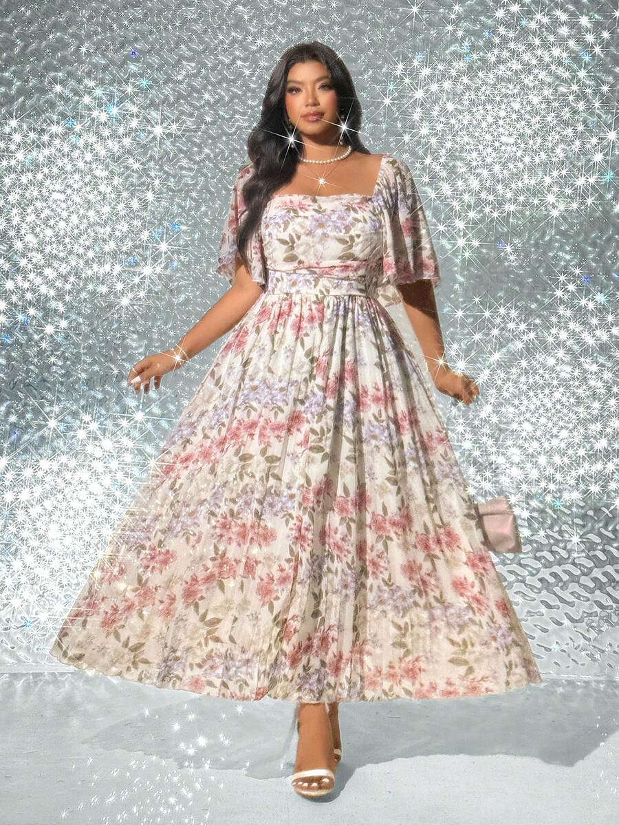 SHEIN Viva Relle فستان للمقاسات الكبيرة بطبعة زهور أنيقة بظهر مكشوف