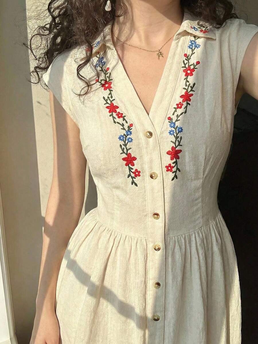 SHEIN MOD فستان قميص بأزرار بلا أكمام بلون مشمشي