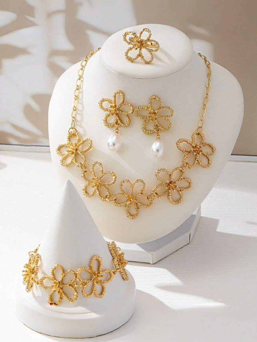 SHEIN طقم مجوهرات 6 قطع بتصميم زهرة 5 بتلات بطراز قديم