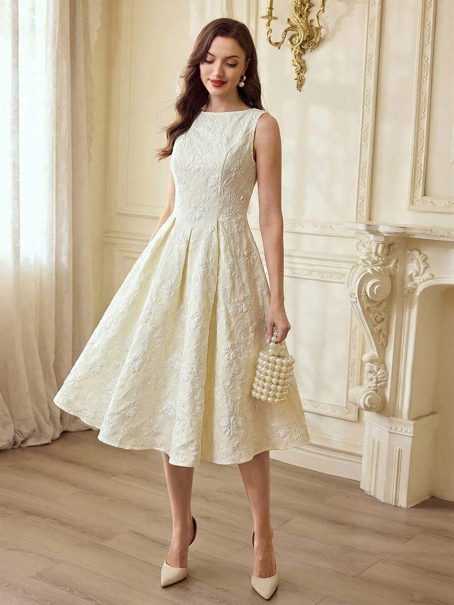 SHEIN Vintamour فستان كلاسيكي بياقة قارب ونقوش زهور من الجاكار