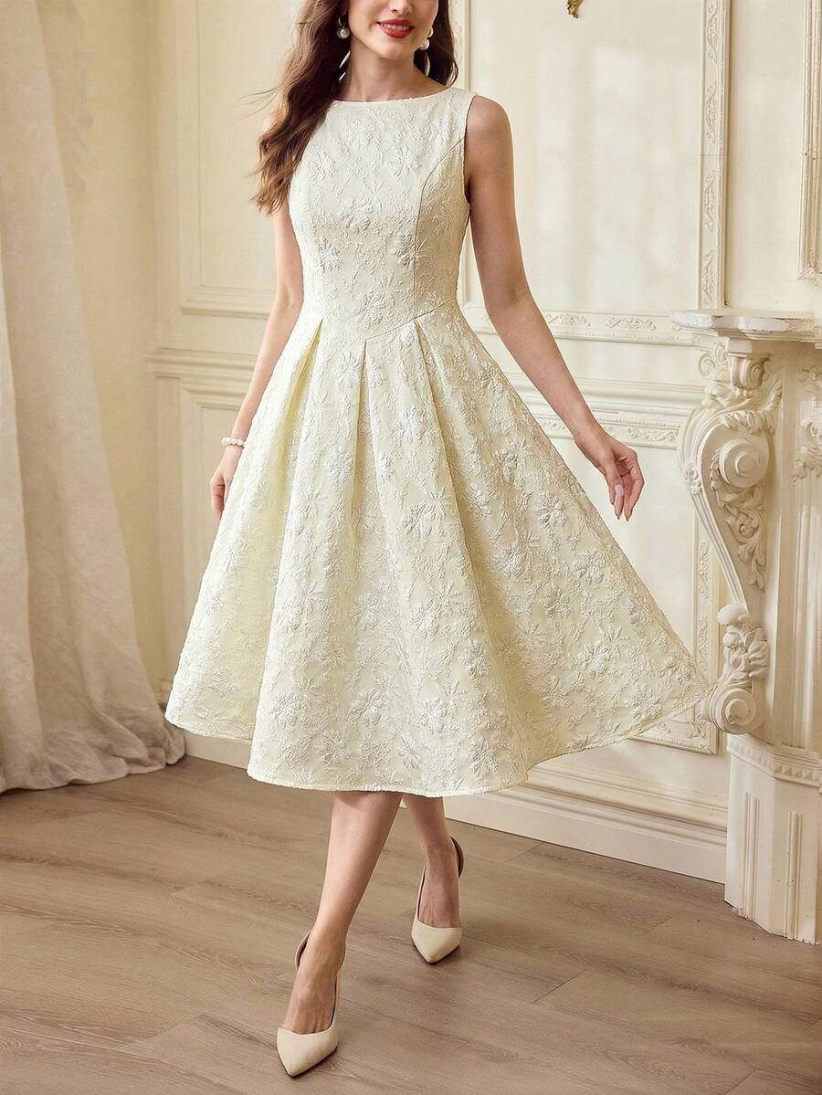 SHEIN Vintamour فستان كلاسيكي بياقة قارب ونقوش زهور من الجاكار