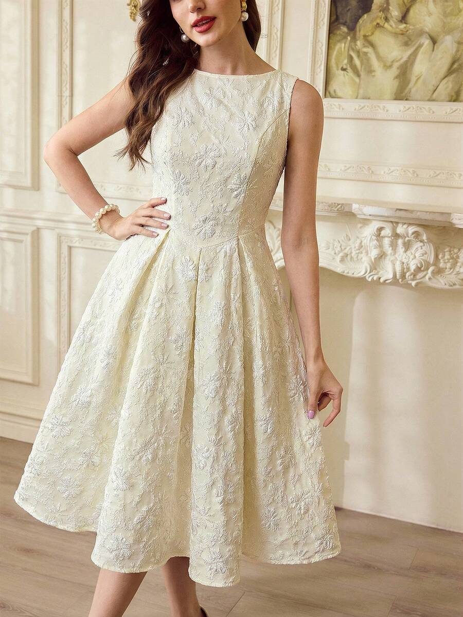 SHEIN Vintamour فستان كلاسيكي بياقة قارب ونقوش زهور من الجاكار