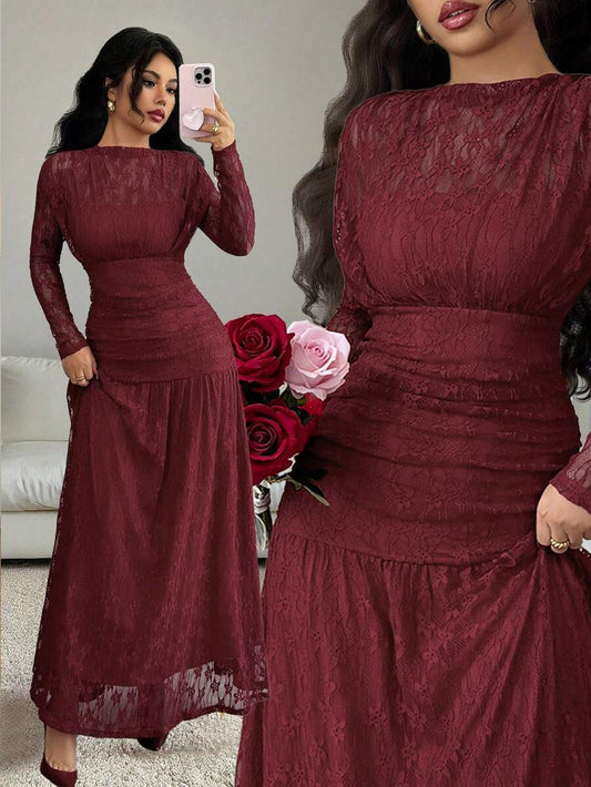 SHEIN Elenzga فستان عنابي ضيق مطرز بالدانتيل