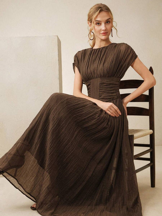 SHEIN Anewsta فستان بني مجعد للخصر