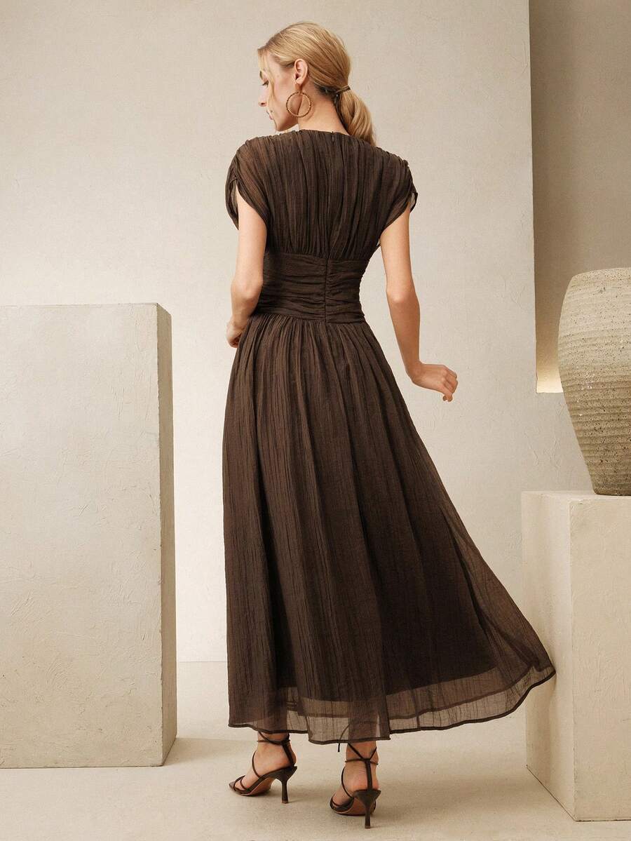 SHEIN Anewsta فستان بني مجعد للخصر