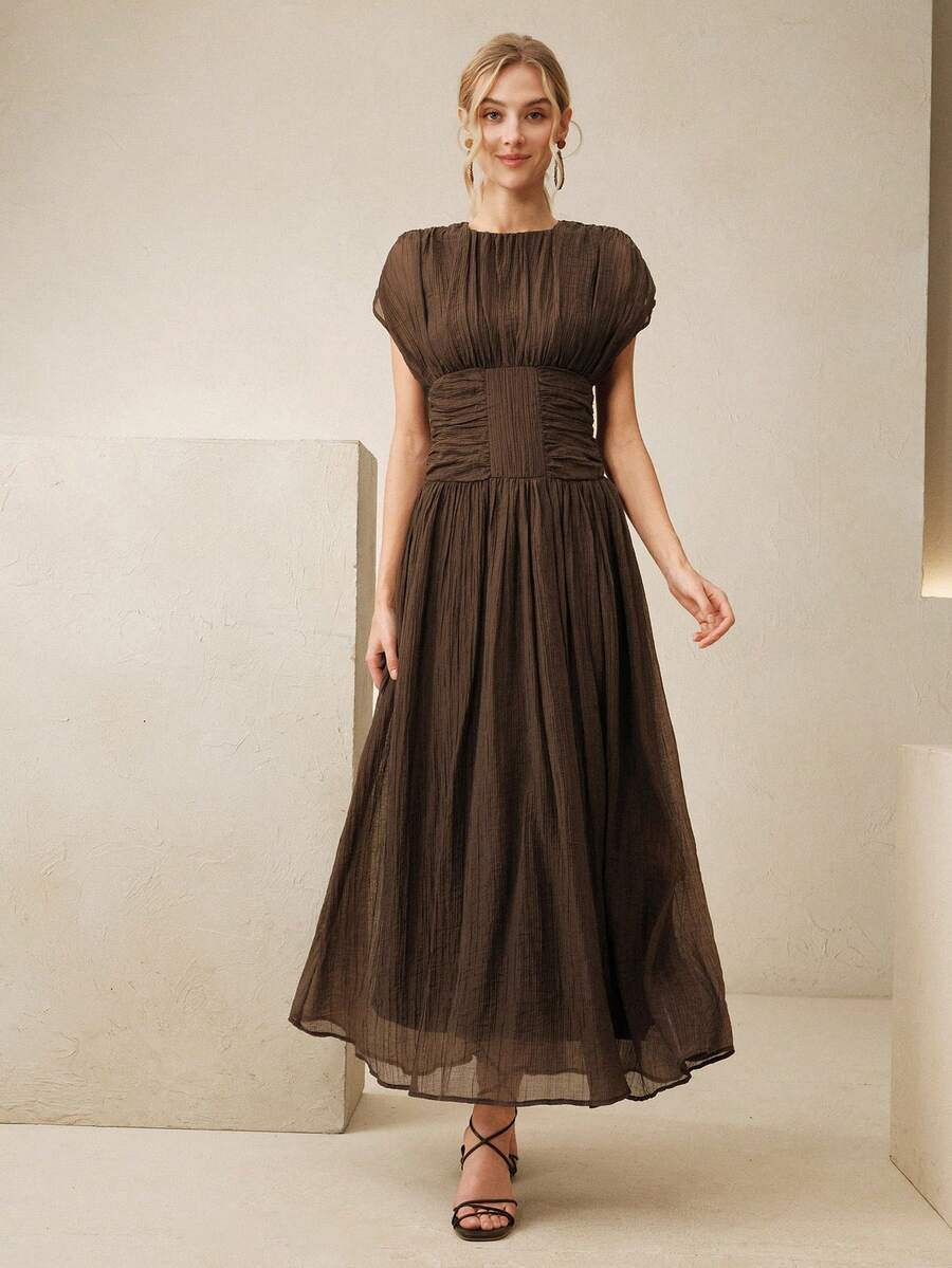 SHEIN Anewsta فستان بني مجعد للخصر