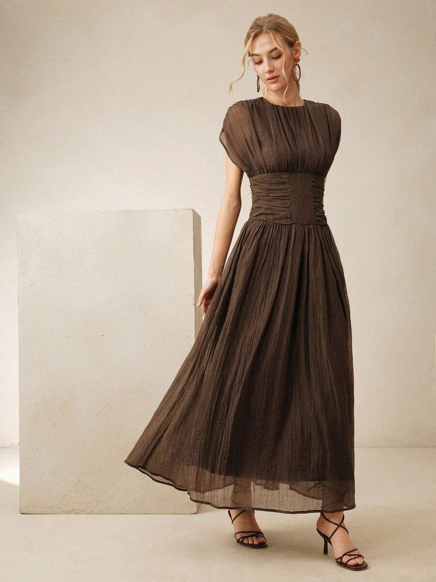 SHEIN Anewsta فستان بني مجعد للخصر