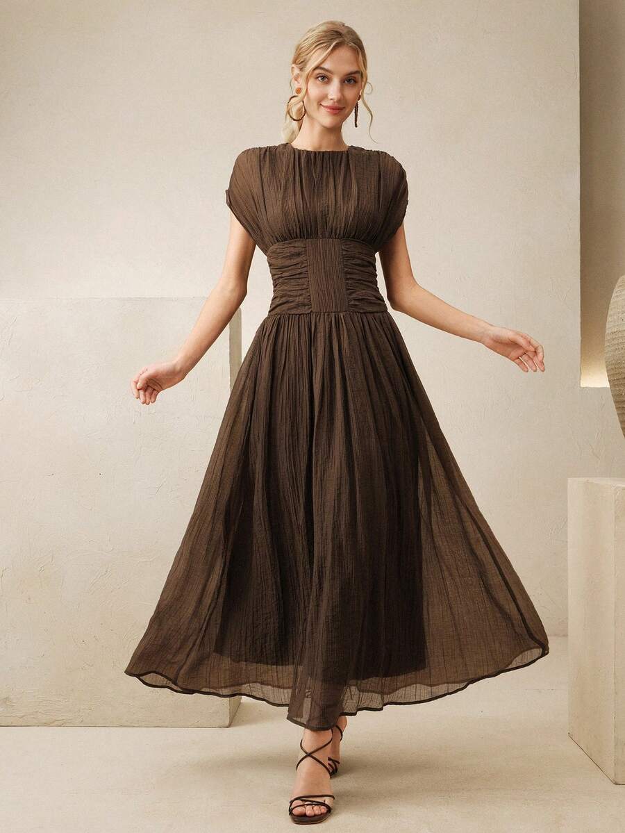 SHEIN Anewsta فستان بني مجعد للخصر