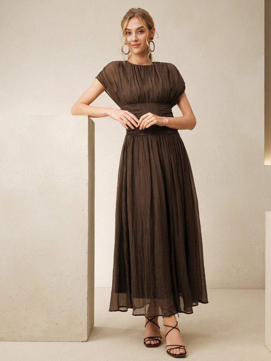 SHEIN Anewsta فستان بني مجعد للخصر