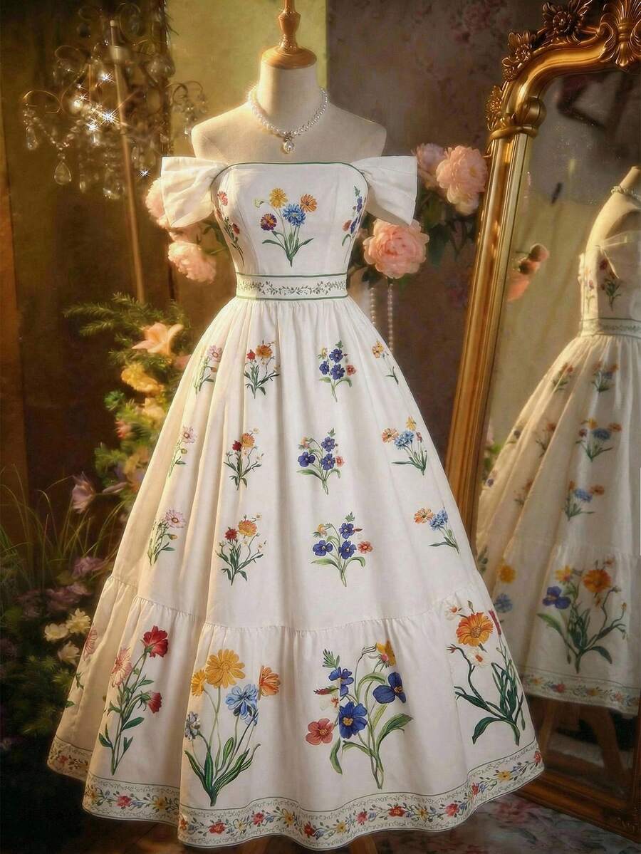 SHEIN MOD فستان مطبوع بطراز بوهيمي على الكتف