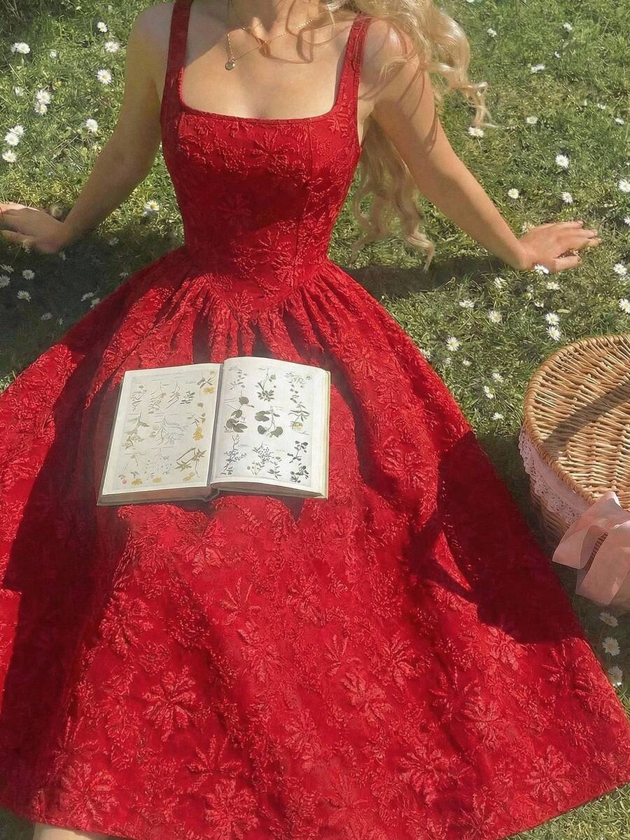 SHEIN MOD فستان أحمر بطبعة جاكارد بطراز فاخر
