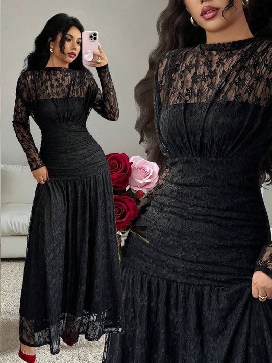 SHEIN Elenzga فستان أسود ضيق دانتيل مطرز بالدانتيل