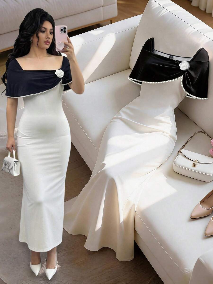 SHEIN Franclia فستان سهرة طويل مزين بالزهور والخرز بخصر مشدود