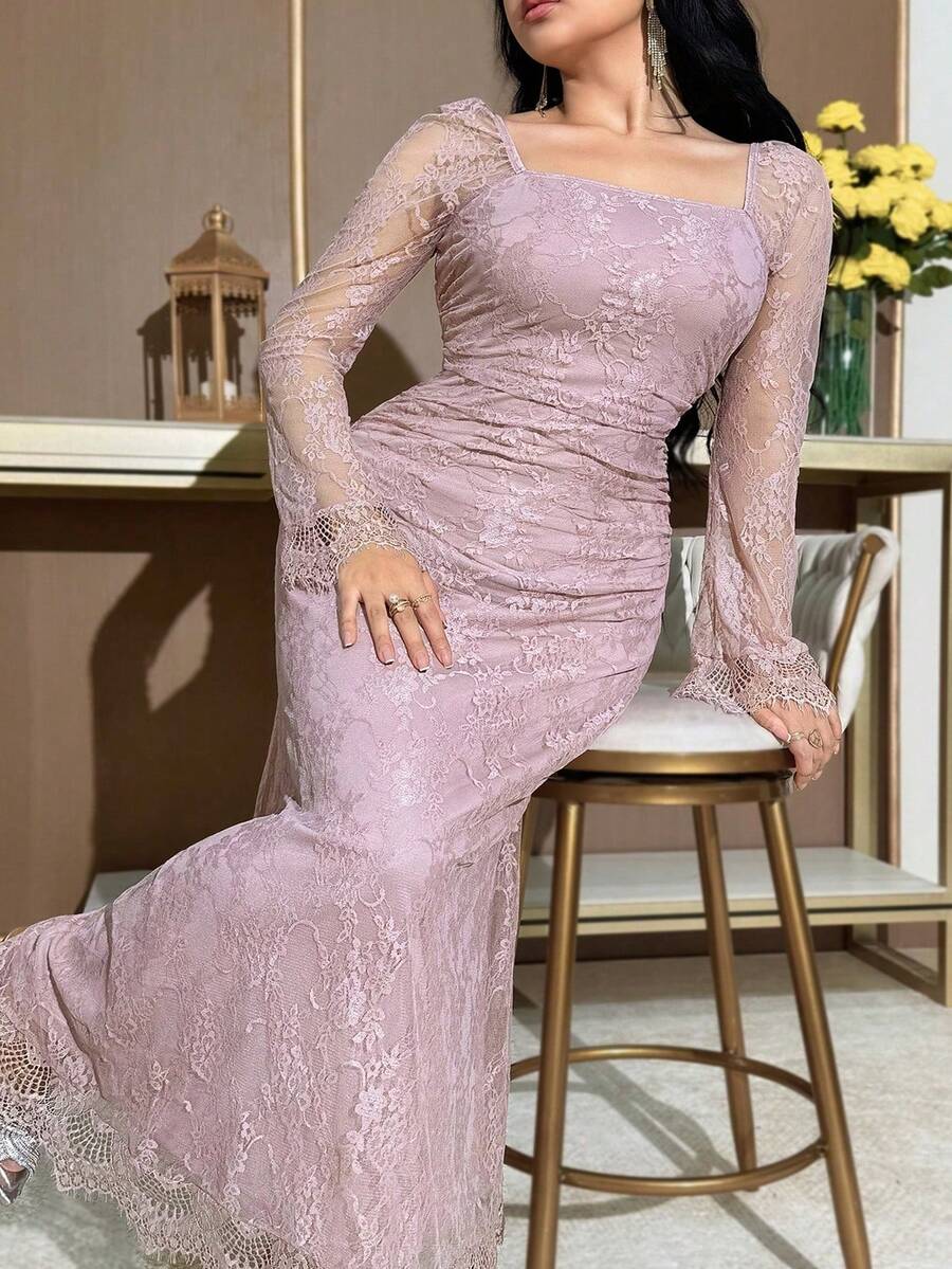 SHEIN Feyla فستان دانتيل سادة مقاس كبير بلون وردي