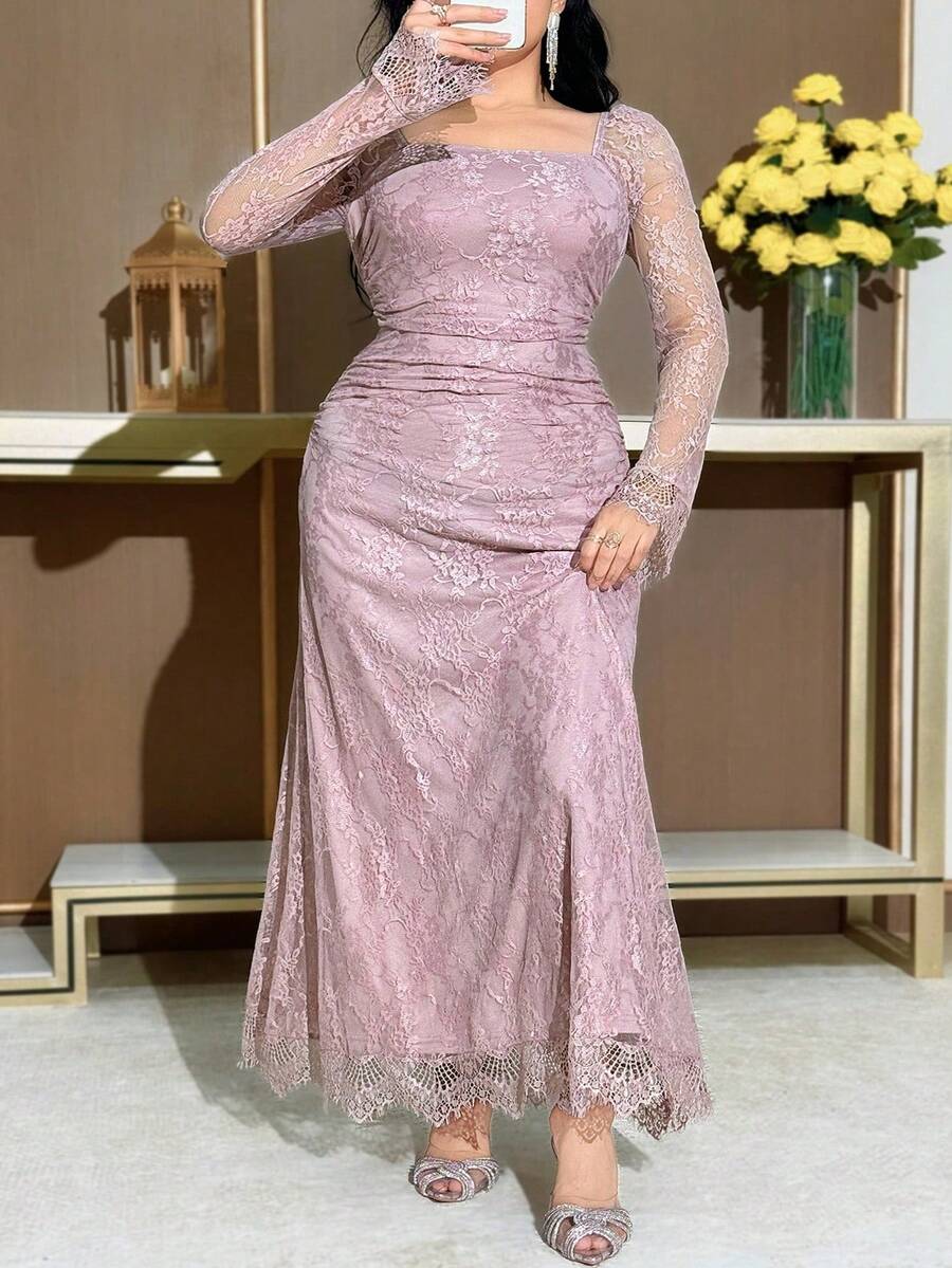 SHEIN Feyla فستان دانتيل سادة مقاس كبير بلون وردي