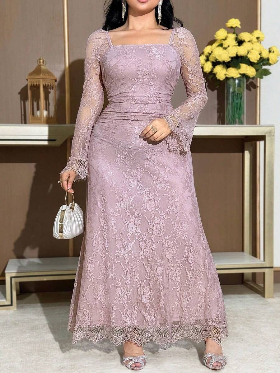 SHEIN Feyla فستان دانتيل سادة مقاس كبير بلون وردي
