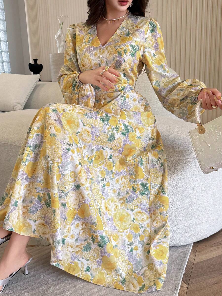 SHEIN Feyla فستان بأكمام طويلة بخصر مشدود بطبعة زهور فرنسية
