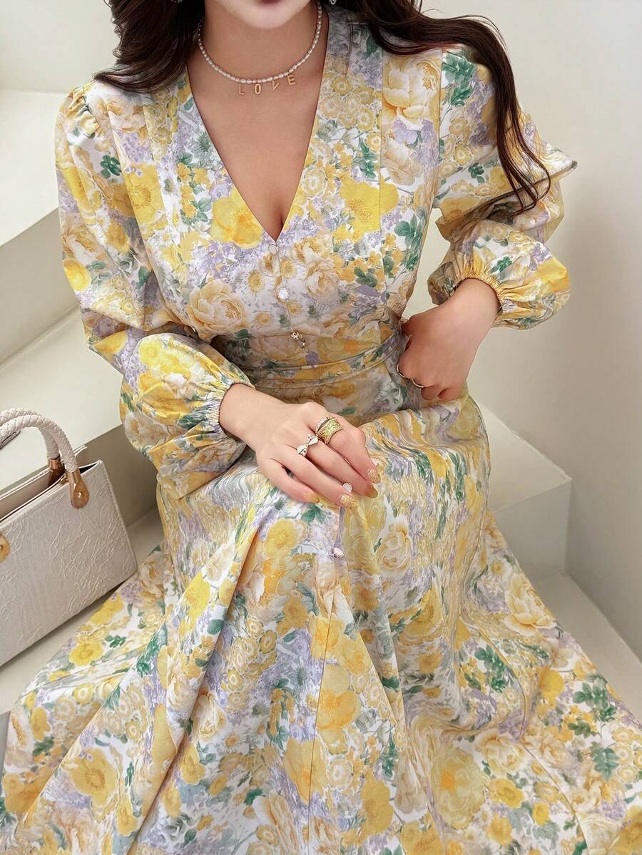 SHEIN Feyla فستان بأكمام طويلة بخصر مشدود بطبعة زهور فرنسية