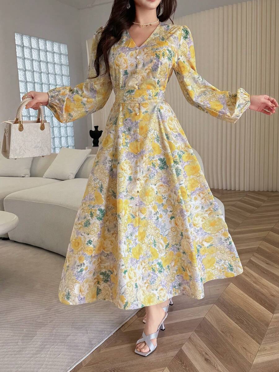 SHEIN Feyla فستان بأكمام طويلة بخصر مشدود بطبعة زهور فرنسية
