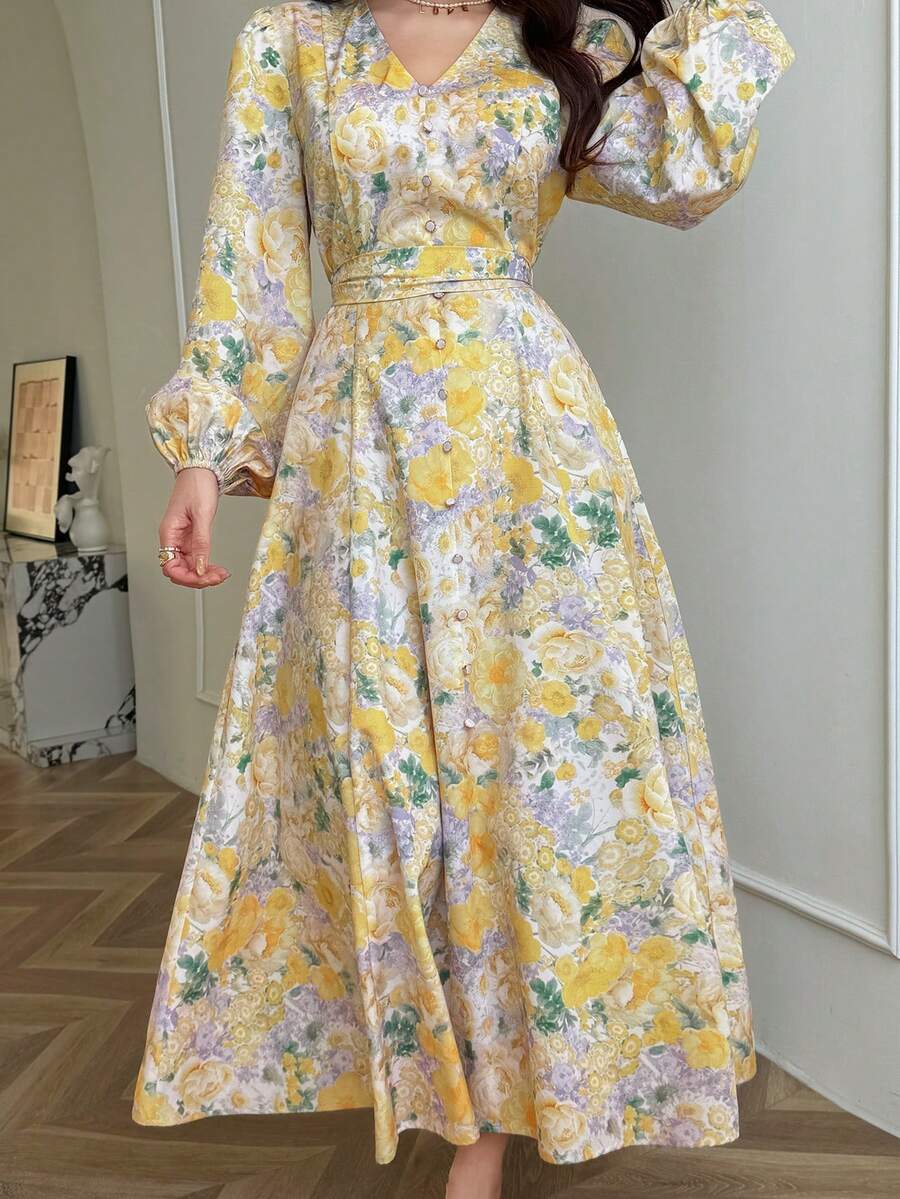 SHEIN Feyla فستان بأكمام طويلة بخصر مشدود بطبعة زهور فرنسية