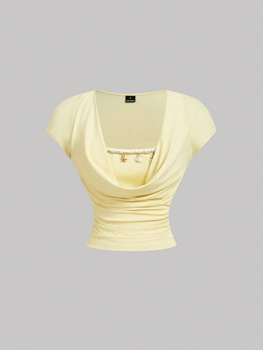 SHEIN MOD تي شيرت بلون أصفر فاتح مجعد ضيق كاجوال