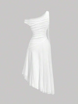 SHEIN MOD فستان أبيض متوسط الطول غير متماثل مع إبزيم معدني