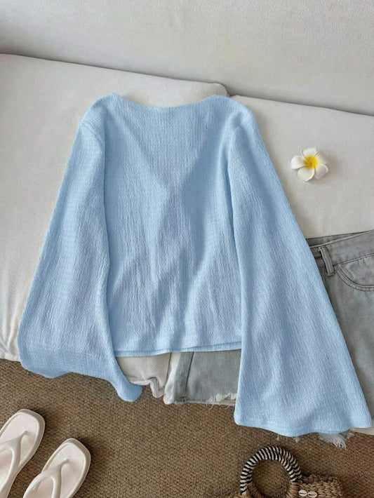 SHEIN LUNE بلوزة كاجوال بأكمام واسعة وربطات على الأساور