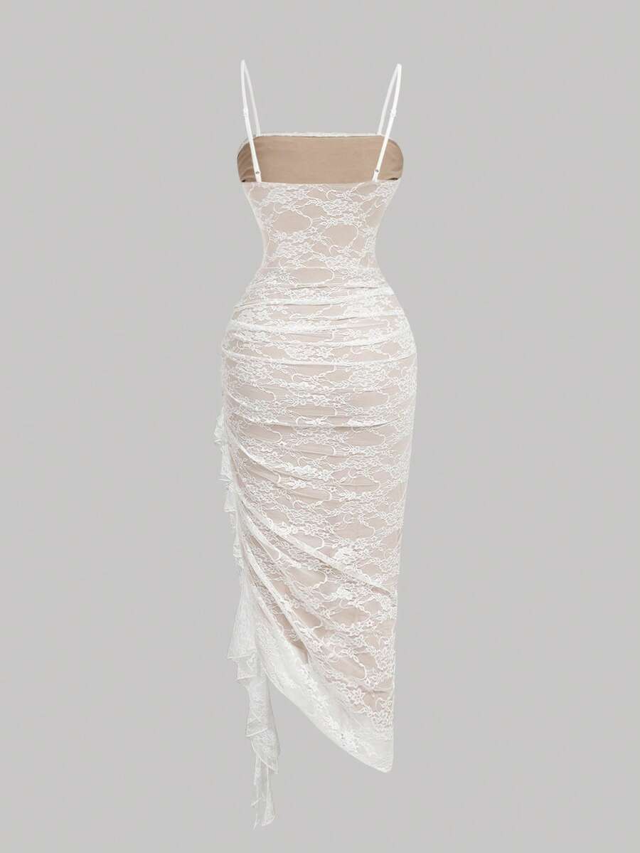 SHEIN MOD فستان أبيض أنيق بشق وشريط دانتيل متباين