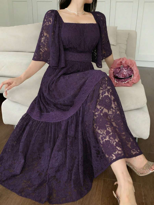 SHEIN DAZY فستان متوسط الطول مزين بالدانتيل بلون أرجواني