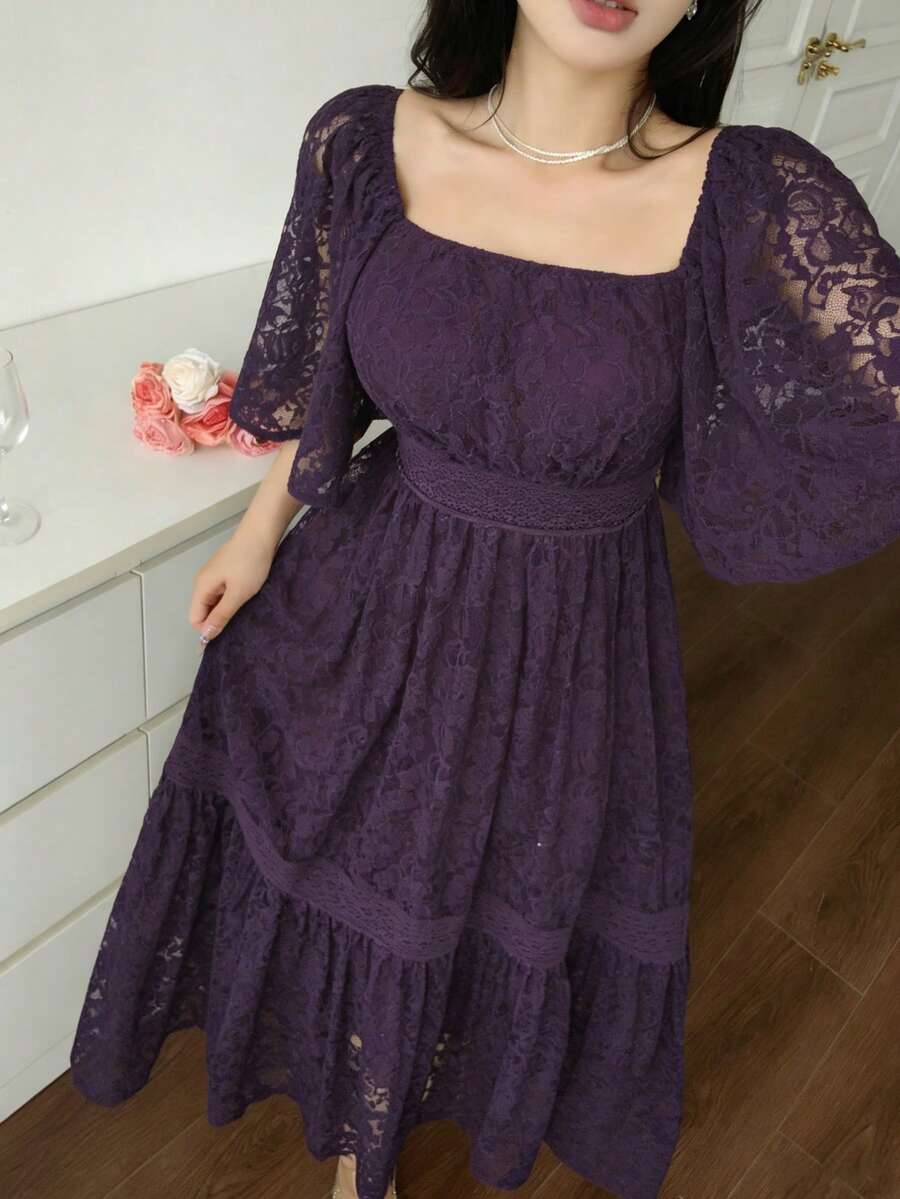 SHEIN DAZY فستان متوسط الطول مزين بالدانتيل بلون أرجواني
