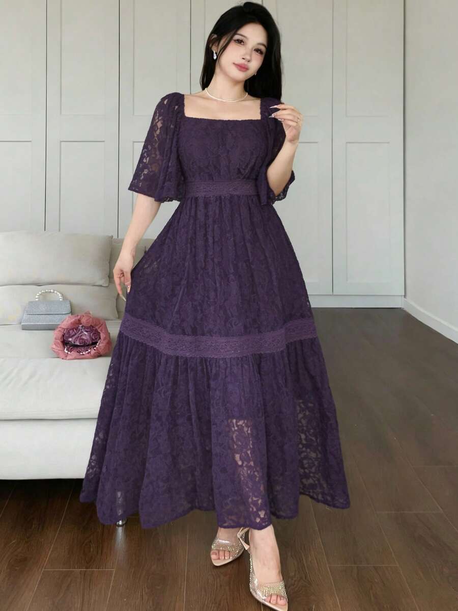 SHEIN DAZY فستان متوسط الطول مزين بالدانتيل بلون أرجواني
