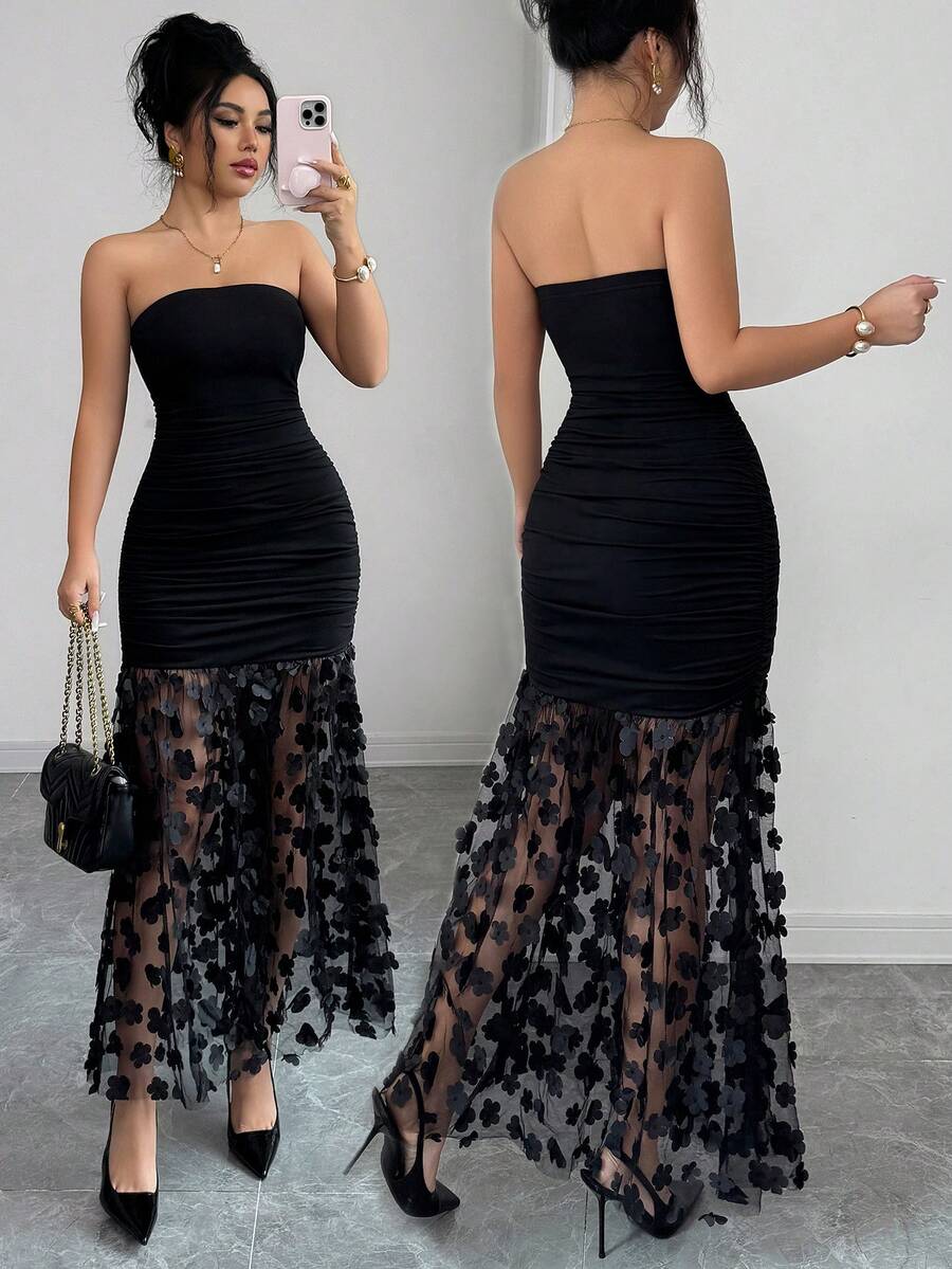 SHEIN RAFFERIZA فستان سهرة أسود مكشكش الخصر بدون أكتاف بتصميم زهور وشبك