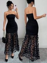 SHEIN RAFFERIZA فستان سهرة أسود مكشكش الخصر بدون أكتاف بتصميم زهور وشبك