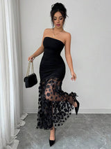 SHEIN RAFFERIZA فستان سهرة أسود مكشكش الخصر بدون أكتاف بتصميم زهور وشبك