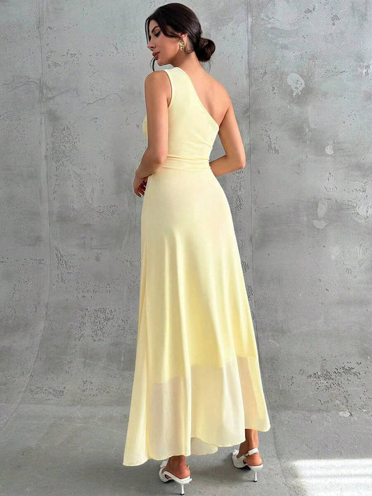 SHEIN Firerie فستان ماكسي أصفر بكتف واحد بدون أكمام وشبك