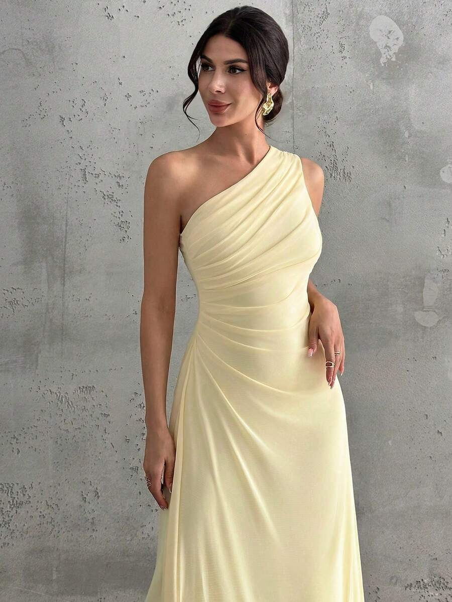 SHEIN Firerie فستان ماكسي أصفر بكتف واحد بدون أكمام وشبك