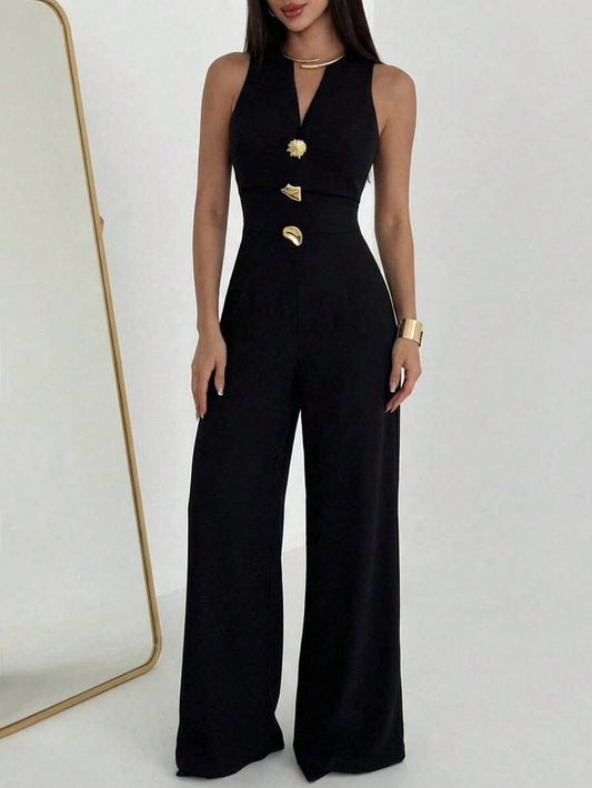 SHEIN Aloruh جمبسوت أسود بساق واسعة بقصة ضيقة