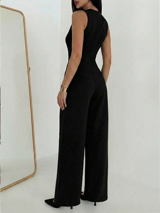 SHEIN Aloruh جمبسوت أسود بساق واسعة بقصة ضيقة