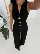 SHEIN Aloruh جمبسوت أسود بساق واسعة بقصة ضيقة