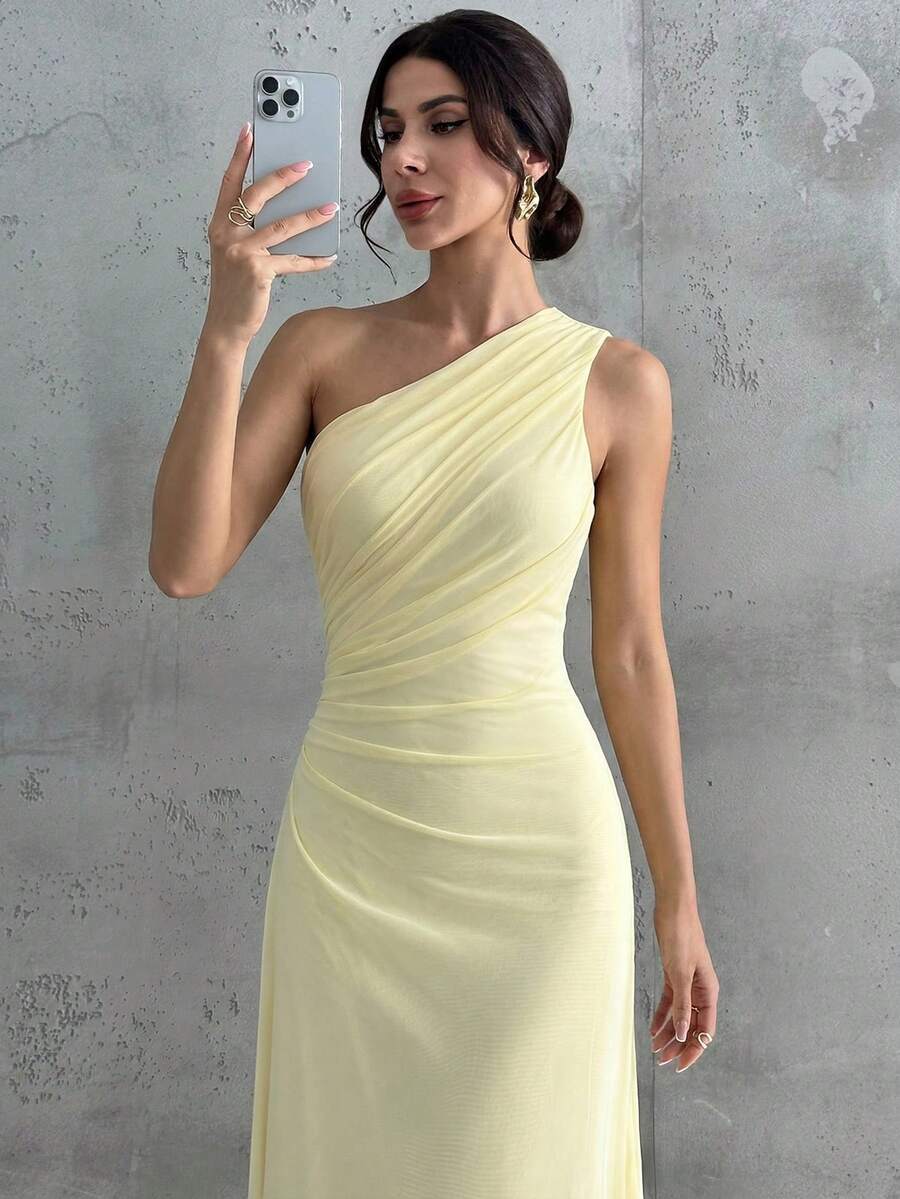 SHEIN Firerie فستان ماكسي أصفر بكتف واحد بدون أكمام وشبك