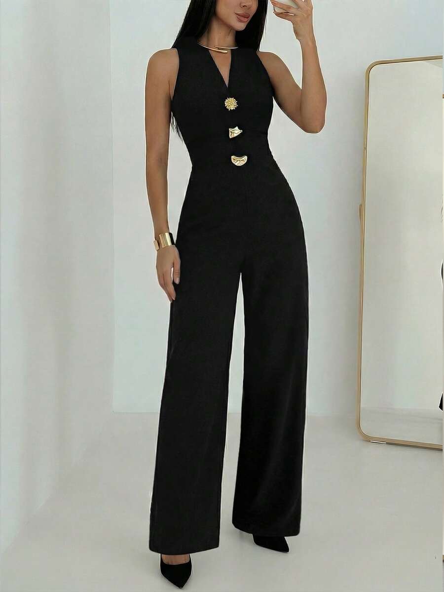 SHEIN Aloruh جمبسوت أسود بساق واسعة بقصة ضيقة