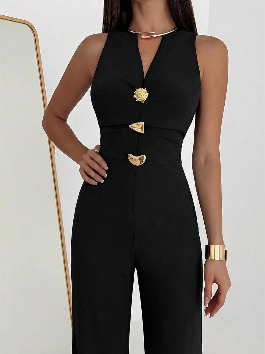 SHEIN Aloruh جمبسوت أسود بساق واسعة بقصة ضيقة