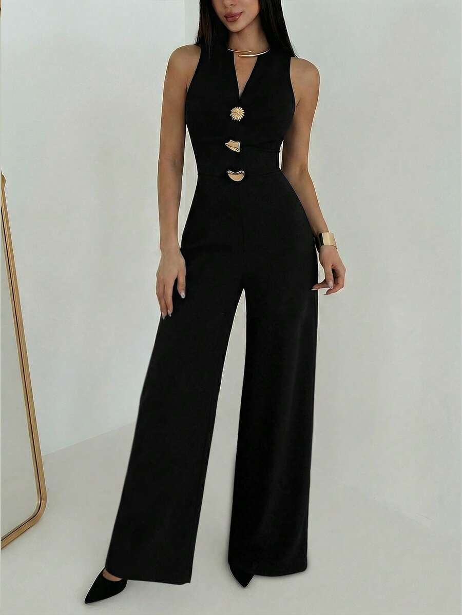 SHEIN Aloruh جمبسوت أسود بساق واسعة بقصة ضيقة