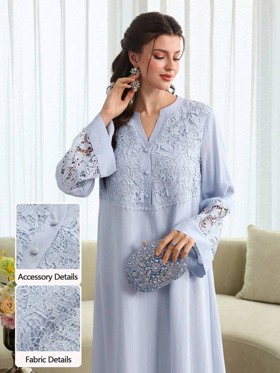 SHEIN Al Najma فستان عربي بأكمام واسعة بتطريز ثلاثي الأبعاد وكشكشة