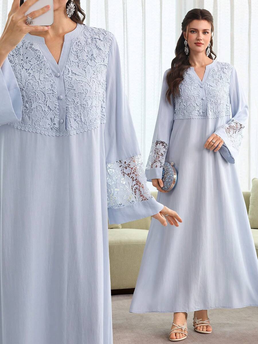SHEIN Al Najma فستان عربي بأكمام واسعة بتطريز ثلاثي الأبعاد وكشكشة