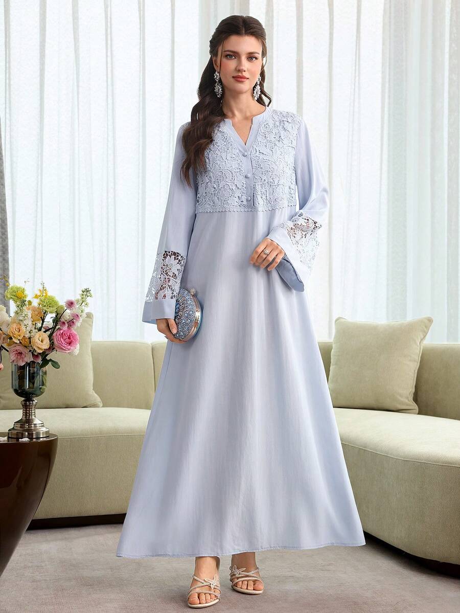 SHEIN Al Najma فستان عربي بأكمام واسعة بتطريز ثلاثي الأبعاد وكشكشة