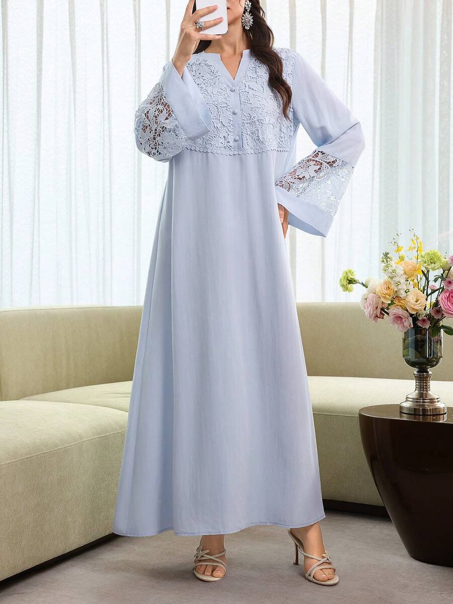 SHEIN Al Najma فستان عربي بأكمام واسعة بتطريز ثلاثي الأبعاد وكشكشة