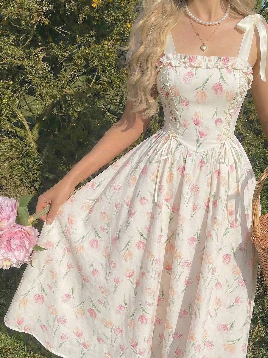 SHEIN MOD فستان طويل بطبعة زهور مع شريط فيونكة