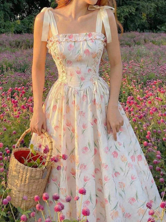 SHEIN MOD فستان طويل بطبعة زهور مع شريط فيونكة